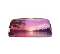 NBCCDVSH Leather Pencil Case with Zipper Stylish Pen Holder Aesthetic Pen Case for Women Men Leather Pencil Bag Purple sunset on water Pen Pouch for Work Office Travel Pencil Pouch Makeup Bag