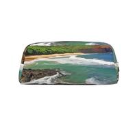 NBCCDVSH Leather Pencil Case with Zipper Stylish Pen Holder Aesthetic Pen Case for Women Men Leather Pencil Bag Kauai Hawaii Seashore Pen Pouch for Work Office Travel Pencil Pouch Makeup Bag, Silver
