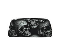 NBCCDVSH Leather Pencil Case with Zipper Stylish Pen Holder Aesthetic Pen Case for Women Men Leather Pencil Bag Black skull Pen Pouch for Work Office Travel Pencil Pouch Makeup Bag