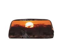 NBCCDVSH Leather Pencil Case with Zipper Stylish Pen Holder Aesthetic Pen Case for Women Men Leather Pencil Bag Africa Sunset Zebra Pen Pouch for Work Office Travel Pencil Pouch Makeup Bag, Silver