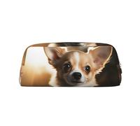 NBCCDVSH Leather Pencil Case with Zipper Stylish Pen Holder Aesthetic Pen Case for Women Men Leather Pencil Bag Cute Chihuahua Pen Pouch for Work Office Travel Pencil Pouch Makeup Bag