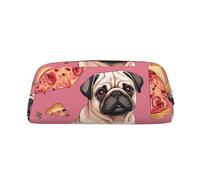 NBCCDVSH Leather Pencil Case with Zipper Stylish Pen Holder Aesthetic Pen Case for Women Men Leather Pencil Bag Pug Pizza Pink Pen Pouch for Work Office Travel Pencil Pouch Makeup Bag