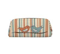 NBCCDVSH Leather Pencil Case with Zipper Stylish Pen Holder Aesthetic Pen Case for Women Men Leather Pencil Bag Love Birdie Stripe Pen Pouch for Work Office Travel Pencil Pouch Makeup Bag