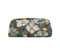NBCCDVSH Leather Pencil Case with Zipper Stylish Pen Holder Aesthetic Pen Case for Women Men Leather Pencil Bag Almond Blossom Pen Pouch for Work Office Travel Pencil Pouch Makeup Bag, Silver, One
