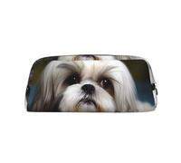 NBCCDVSH Leather Pencil Case with Zipper Stylish Pen Holder Aesthetic Pen Case for Women Men Leather Pencil Bag Shih Tzu Dog Pen Pouch for Work Office Travel Pencil Pouch Makeup Bag, Silver, One Size