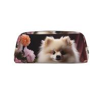 NBCCDVSH Leather Pencil Case with Zipper Stylish Pen Holder Aesthetic Pen Case for Women Men Leather Pencil Bag Pomeranian and flowers Pen Pouch for Work Office Travel Pencil Pouch Makeup Bag