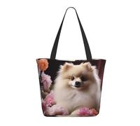NBCCDVSH Pomeranian and flowers Tote Bag for Women Grocery Bag Reusable Aesthetic Shopping Bags Beach Handbag