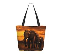 NBCCDVSH Thank You Soldier Saluting America Flag Tote Bag for Women Grocery Bag Reusable Aesthetic Shopping Beach Handbag, Sunset Parent-child Elephant, One Size