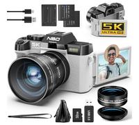NBD 5K 64MP Digital Camera, Wi-Fi & App Control, 16X Zoom, Autofocus, Anti-Shake, 180° Flip Screen, Macro & Wide-Angle Lenses, Includes 64GB TF Card & 2 Batteries(White)