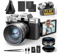 NBD 5K 64MP Digital Camera, Wi-Fi & App Control, 16X Zoom, Autofocus, Anti-Shake, 180° Flip Screen, Macro & Wide-Angle Lenses, Includes 64GB TF Card & 2 Batteries (Silver)