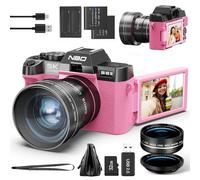 NBD 5K 64MP Digital Camera, Wi-Fi & App Control, 16X Zoom, Autofocus, Anti-Shake, 180° Flip Screen, Macro & Wide-Angle Lenses, Includes 64GB TF Card & 2 Batteries(Pink)