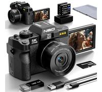 NBD 5K 64MP Digital Camera with Autofocus & Anti-Shake, 16X Zoom, Wi-Fi & App Control, 180° Flip Screen, Includes 32GB TF Card & 2 Batteries (Black)