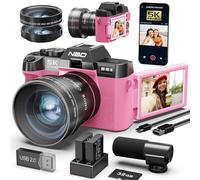 NBD 5K 64MP Digital Cameras for Photography - 16X Zoom with Autofocus, WiFi & App Control, Anti-Shake, 180° Flip Screen, Includes 64GB TF Card, 52mm Wide Angle and Macro Lens (Pink)