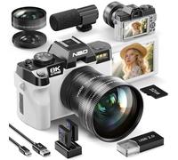 NBD 8K 64MP Digital Camera with Autofocus & 16X Zoom, Wi-Fi & App Control, Anti-Shake, 180° Flip Screen, Webcam Function, Includes Macro & Wide-Angle Lenses, 32GB TF Card & 2 Batteries (White)