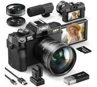 NBD 8K 64MP Digital Camera with Autofocus & 16X Zoom, Wi-Fi & App Control, Anti-Shake, 180° Flip Screen, Webcam Function, Includes Macro & Wide-Angle Lenses, 64GB TF Card & 2 Batteries (Black)