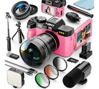 NBD 8K Digital Camera 64MP with Autofocus & 16X Zoom, 180° Flip Screen, WiFi, Vlogging Camera Kit with Microphone, Fill Light, Wide-Angle Lens & Tripod, 32GB Card (Pink)