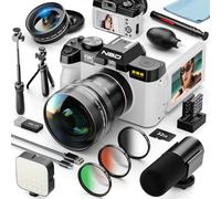 NBD 8K Digital Camera 64MP with Autofocus & 16X Zoom, 180° Flip Screen, WiFi, Vlogging Camera Kit with Microphone, Fill Light, Wide-Angle Lens & Tripod, 32GB Card (White)