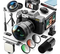 NBD 8K Digital Camera 64MP with Autofocus & 16X Zoom, 180° Flip Screen, WiFi, Vlogging Camera Kit with Microphone, Fill Light, Wide-Angle Lens & Tripod, 32GB Card (Silver)