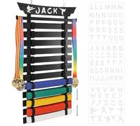 NBEADS 12 Grid Wall Mounted Wooden Karate Belt Display Rack, 76x43cm Black Martial Arts Belt Organizer with Alphabet Stickers for Taekwondo BJJ Jiu Jitsu Belts