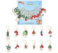 NBEADS 12 Pcs Cactus/Leaf/Mushroom Stitch Markers, 12 Styles Plant Themed Alloy Enamel Crochet Stitch Marker Charms Locking DIY Handmade Gift for Knitting Weaving Sewing Accessories