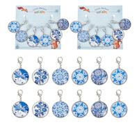 NBEADS 12 Pcs Glass Flat Round with Blue and White Porcelain Pattern Stitch Markers, Zinc Alloy Lobster Claw Clasps Crochet Stitch Marker Charms for Crochet Accessories Quilting Jewelry Making