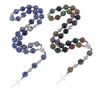 NBEADS 2 Pcs Handmade 10mm Anglican Rosary Beads Natural Stone Beads with Cross and Round Alloy Pendants Custom Rosary Cross Necklace Gifts for Men Women, 32cm Long
