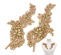 NBEADS 2 Pcs Rhinestone Sash Patch, Embroidered Bead Floral Applique 3D Flower Rhinestone Beading Applique Sew on Patches for Clothing Wedding Dress Lace Fabric DIY Decoration, Gold
