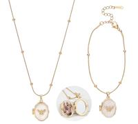 NBEADS 2 Pcs Stainless Steel Necklace Bracelet Set, Butterfly Photo Locket Charm with Brass Micro Pave CZ Memory Keepsake Jewelry for Wedding Anniversary Birthday Gift, Golden