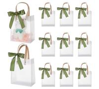 NBEADS 24 Pcs Clear Plastic Gift Bags with Handles, 23.3x13x7cm Frosted Plastic Gift Bags with Olive Drab Ribbon Party Favor Bags Reusable Plastic Clear White Bag for Wedding Shower, Hotel Guests
