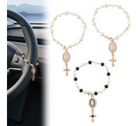 NBEADS 3 Pcs 3 Colors Wheel Rosary Charm Accessory Cross Pendant, Car Rearview Mirror Hanging Decor with Virgin Mary Enamel Charm Glass Pearl Beads Christian Auto Interior Ornament for Women