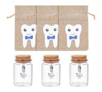 NBEADS 3 Pcs 5.5cm Tooth Storage Glass Bottles, Glass Bottles with Cork First Tooth Glass Keepsake with 3 Pcs Alloy Charms and Blue Fairy Tooth Bags for Keeping Memory