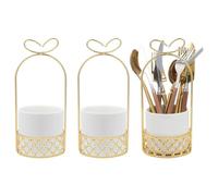 NBEADS 3 Sets Ceramic Silverware Holder For Tabletop, White Cutlery Holder With Golden Metal Bracket Decorative Cutlery Utensil Holder for Wedding Kitchen Dining Tables, 95x210mm