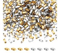 NBEADS 386 Pcs Half Tila Beads, 5×2mm Synthetic Hematite Tila Beads 2 Hole Seed Beads Mini Japanese Beads for Bracelet Necklace Earring Jewelry Making, Gold and Silver