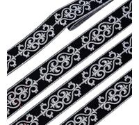 NBEADS 4.16 Yards/3.8m Floral Trim Jacquard Ribbon, 45mm Black Silver Hot Adhesive Floral Trim Iron on Sew on Embroidery Woven Ribbon for Sewing Clothing Home Decor Wedding Bag Straps