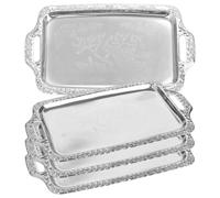 NBEADS 4 Pcs Silver Floral Embossed Serving Trays, 425x250mm Stainless Steel Rectangular Decorative Trays with Handles for Jewelry Display Wedding Party
