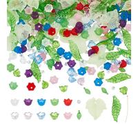 NBEADS 407 Pcs Acrylic Assorted Beads Kit, Bluebell Flower Beads Caps Maple Leaf Acrylic Pendants Flower Leaf Loose Beads Earring Making Kit with Round Glass Beads Brass Ball Pins for Jewelry Making