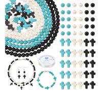 NBEADS 450 Pcs Cross Beads Kit, 3 Colors Cross Beads Bulk 8mm Round Stone Beads Synthetic Turquoise Bead with 8.2Yards/7.5m Clear Elastic Thread for Necklace Bracelet Earrings Making