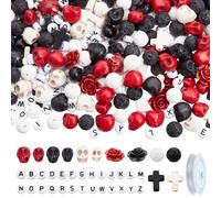NBEADS 460 Pcs Halloween Skull Beads Kit, Synthetic Turquoise Cross Beads Natural Lava Rock Flower Rose for Jewelry Making Bracelets Necklaces DIY Crafts