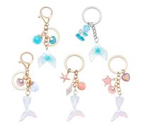 NBEADS 5 Pcs 5 Styles Ocean Theme Keychains, Resin Ocean Beach Keyring Mermaid Tail Sea Keychain for Wallet Backpack Bag Charm, 9.45-11cm