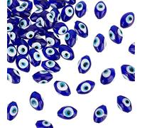 NBEADS 50 Pcs Lampwork Evil Eye Beads, 11mm Real Glass Turkish Beads Oval with Evil Eye Spacer Beads Blue Handmade Lampwork Evil Eye Beads for DIY Bracelets Necklace Jewelry Making