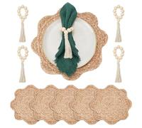 NBEADS 6 Pcs Set 30cm Round Woven Rattan Placemats, Flower Shape Woven Rattan Table Mats with 6 pcs Wood Napkin Rings Beads for Wedding Dining Home Decor Party Settings