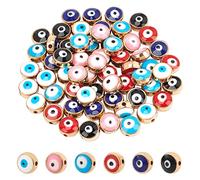 NBEADS 60 Pieces Acrylic Evil Eye Beads, 7.5mm Flat Round Opaque Gold Plated Evil Eye Charms for DIY Jewellery Making, 6 Assorted Colors