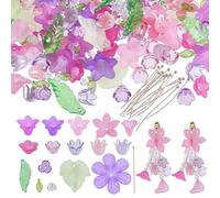 NBEADS About 582 Pcs Acrylic Assorted Beads Kit, 445 Pcs Acrylic Flower and Leaf Beads 87 Pcs Round Glass Beads 50 Pcs Brass Ball Pins Jewelry Making Supplies Kit for Earring Bracelets, Pink/Purple
