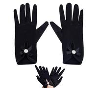 NBEADS Short Satin Gloves, Wrist Length Gloves Opera Bridal Glove with Bow Pearl for Wedding Bride Supplies Dinner Party, 22.5x8x0.95cm, Black