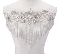 NBEADS White Beaded Rhinestones Applique Embellishment for Clothes, Crystal Tassel Flower Patches Handmade Lace Applique, 10.62x13.66x0.21inch