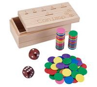 NBEADS Wooden Coin Drop Game Set, Including 2 Dice 100 Acrylic Tokens 6 Slot Pine Holder, Skill-Based Penny Toss Game for Family Parties, Drinking Games or Hand-Eye Training