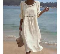 NbgrvB Polyester Midi Dress for Women Solid Color Round Neck Style | Solid color design, mid sleeve cut, round neck, summer casual style, beach ready