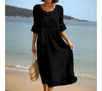 NbgrvB Polyester Midi Dress for Women Solid Color Round Neck Style | Solid color design, mid sleeve cut, round neck, summer casual style, beach ready
