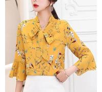 NbgrvB Women's Floral Print Chiffon Shirt Flare Sleeve | Soft polyester fabric, loose fit silhouette, breathable material, elegant style, daily leisure occasion