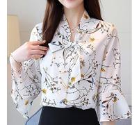 NbgrvB Women's Floral Print Chiffon Shirt Flare Sleeve | Soft polyester fabric, loose fit silhouette, breathable material, elegant style, daily leisure occasion